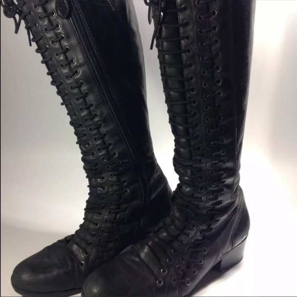 unbranded Shoes - Black leather triple lace up knee high boots cyber punk combat gothic vintage